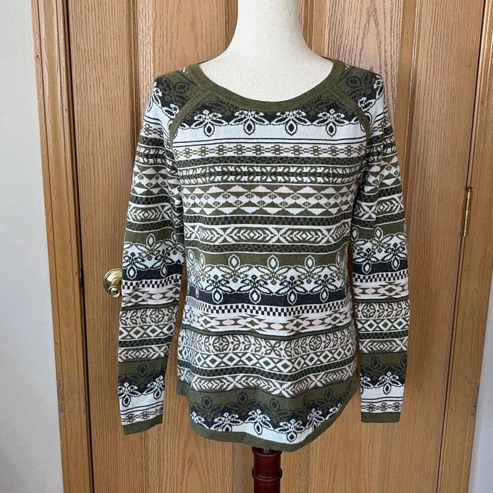 Aventura Fair Isle Knit Sweater Women’s Small Merino Wool Cotton Olive Gray Pink